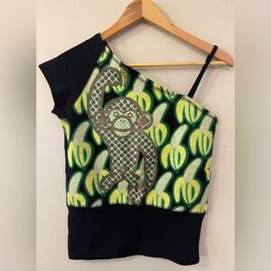 🐒🍌 Black Asymmetrical Off Shoulder Tank w/Monkey, Banana Screen-print (M)